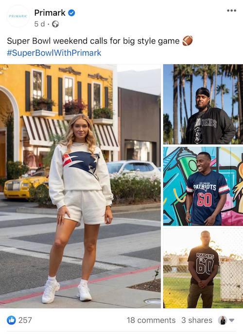 Ideas atractivas para publicaciones en Facebook: ejemplo de publicación de moda en el Super Bowl