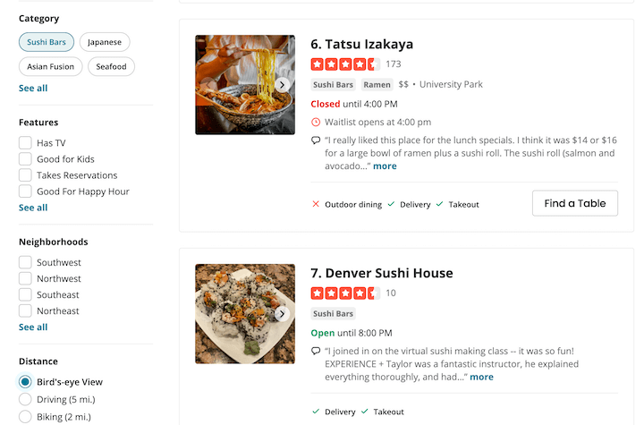 Cómo promocionar un restaurante: resultados de búsqueda en Yelp