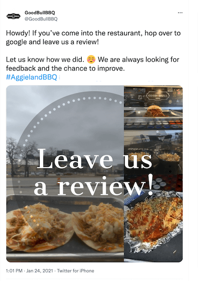 cómo comercializar un restaurante: publicación de Twitter que solicita una reseña