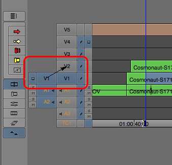 Avid Media Composer Timeline parchea V1 en el lado de origen a V2 en el lado de grabación